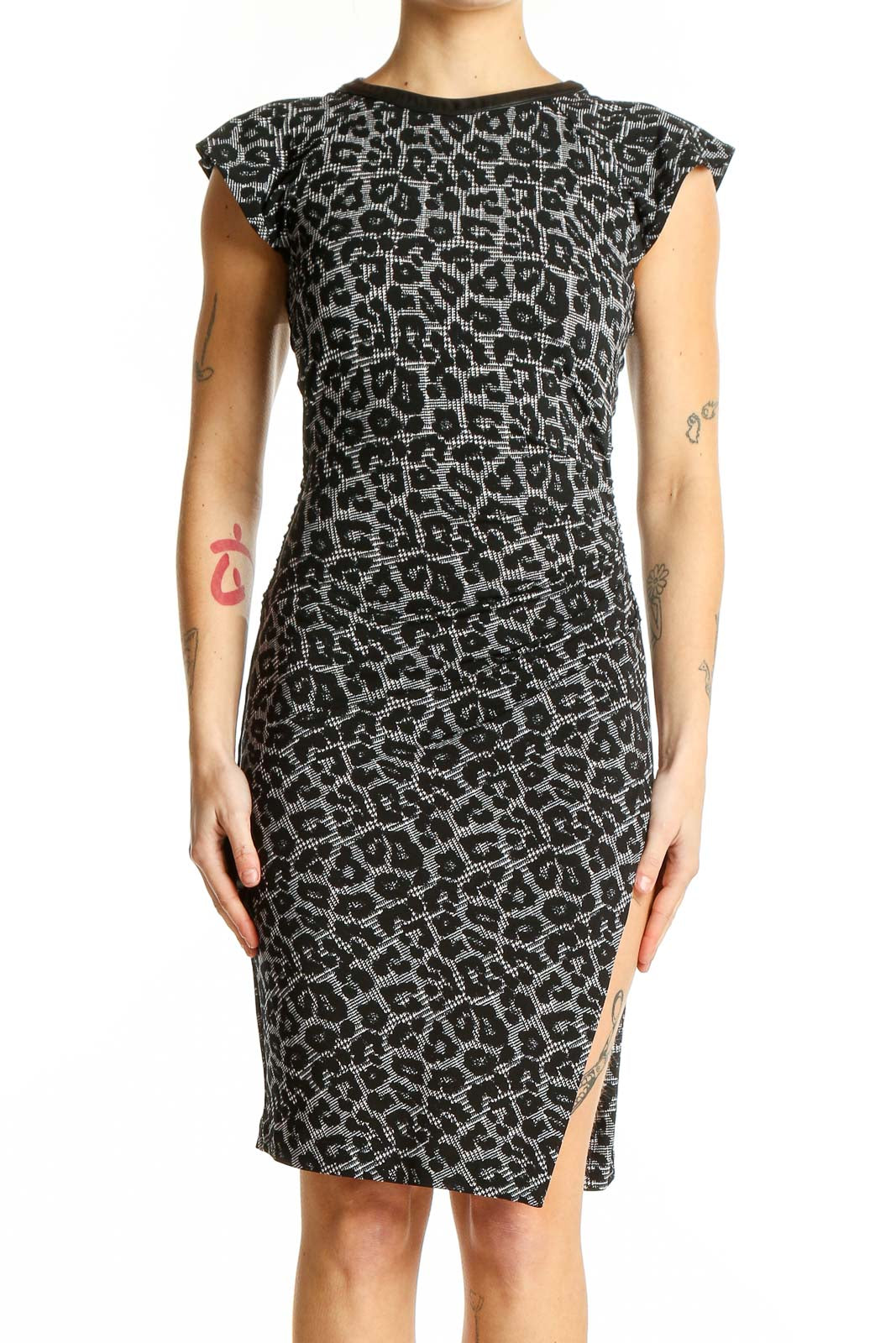 Front view of Michael Kors gray leopard print bodycon dress with cap sleeves
