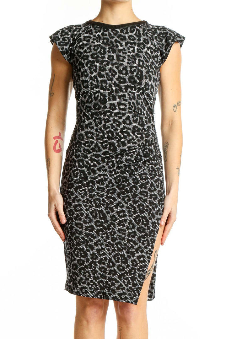 Front view of Michael Kors gray leopard print bodycon dress with cap sleeves