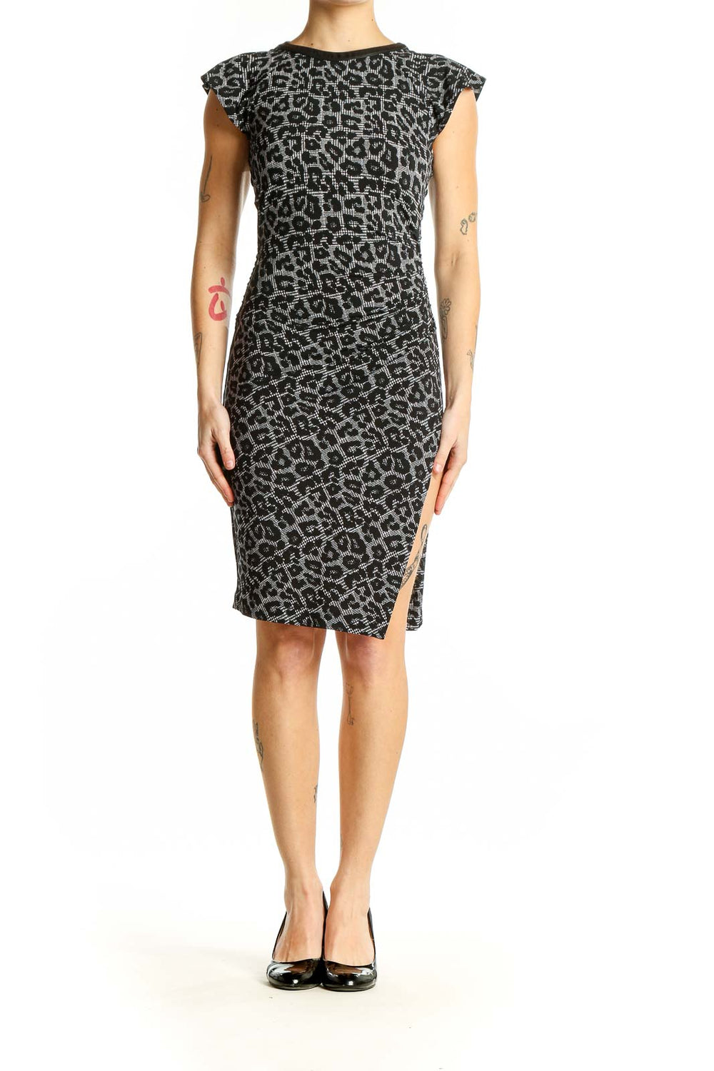 Front view of Michael Kors gray leopard print bodycon dress with cap sleeves
