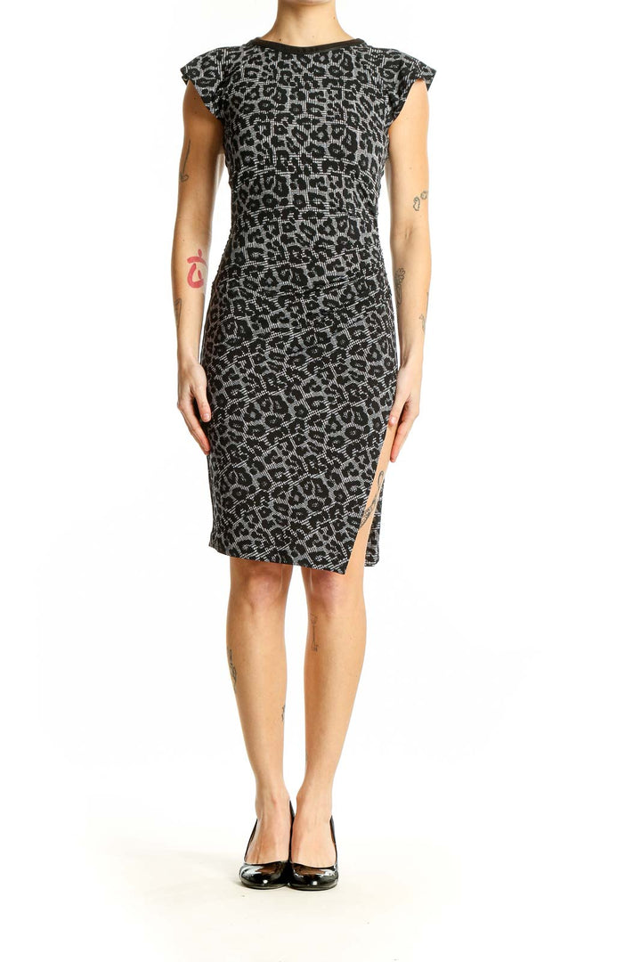 Front view of Michael Kors gray leopard print bodycon dress with cap sleeves