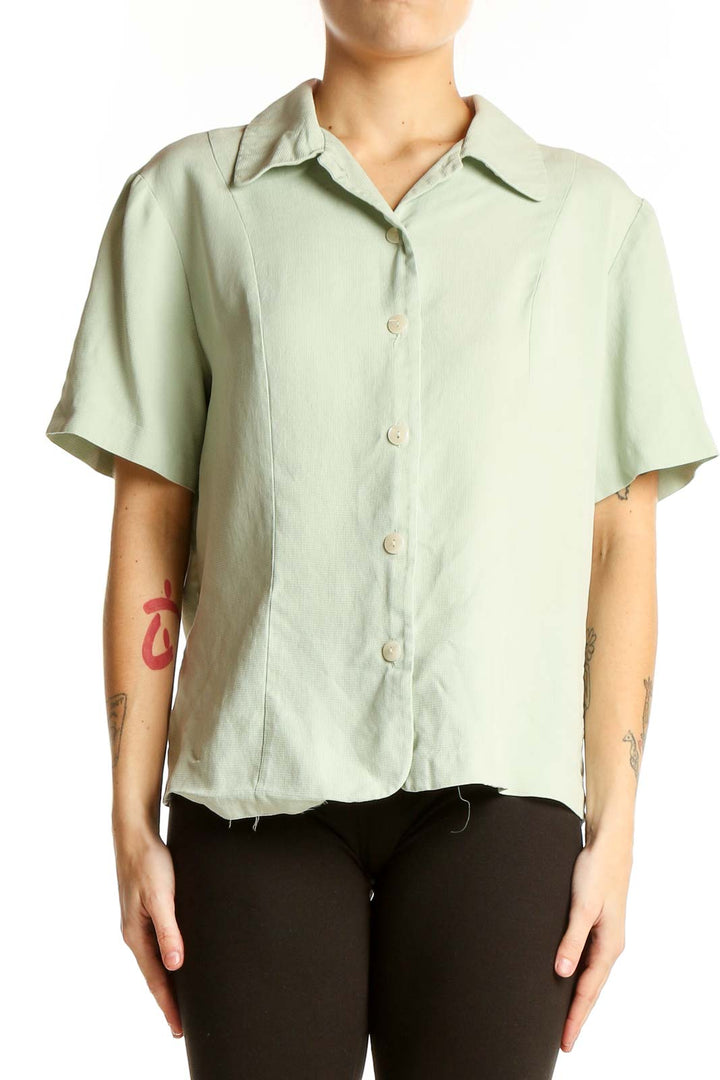 Front view of Talbots mint green silk button-up blouse