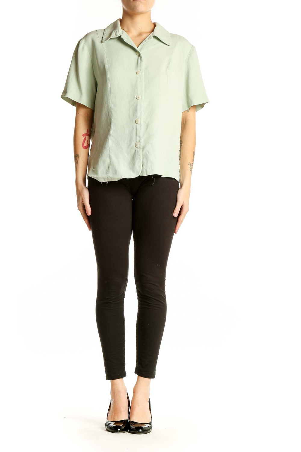 Front view of Talbots mint green silk button-up blouse