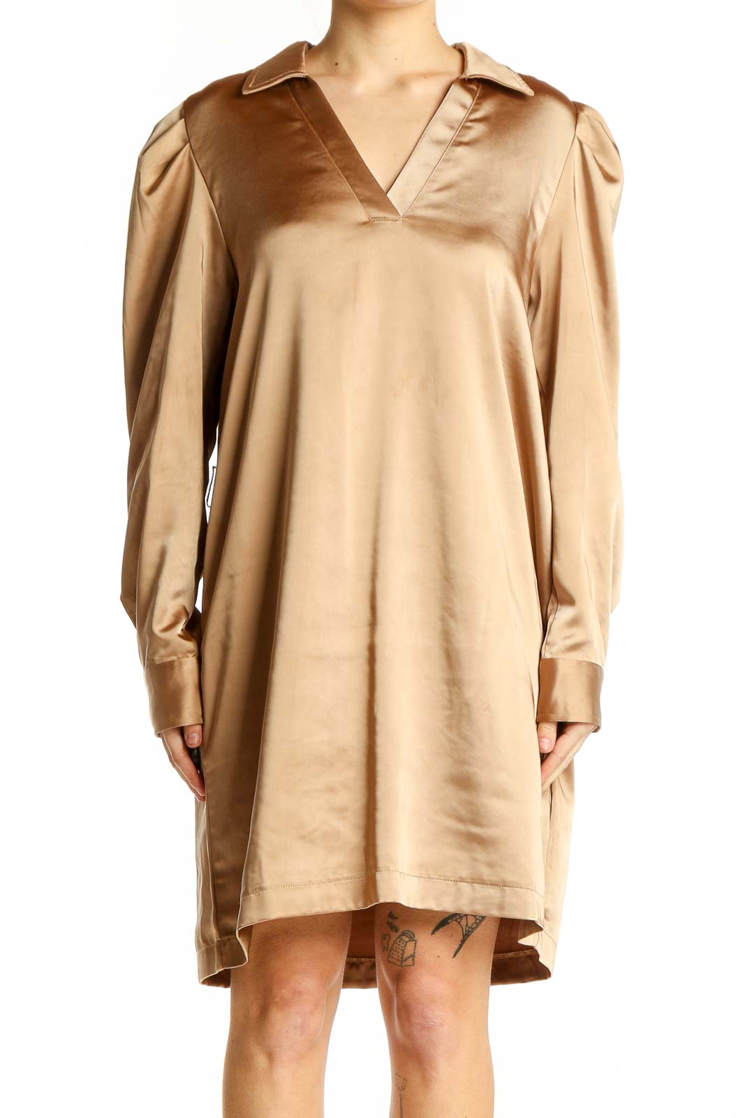 Front view of Rachel Zoe champagne satin V-neck shift dress
