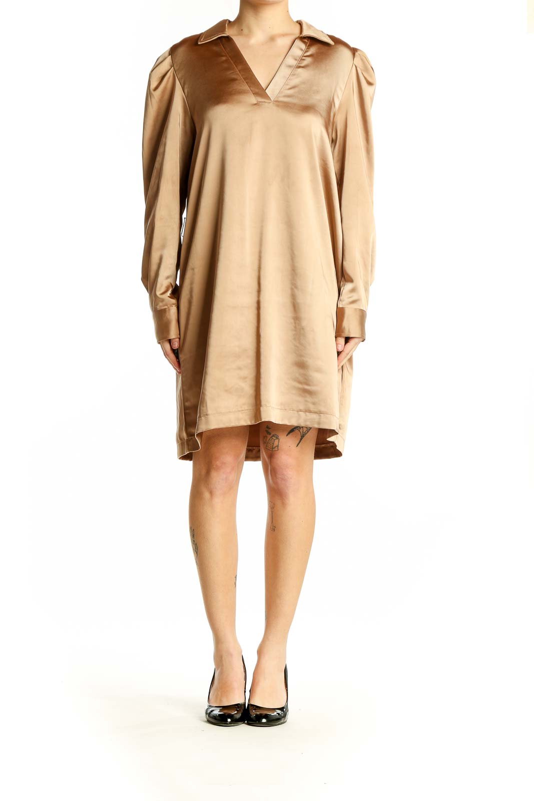 Front view of Rachel Zoe champagne satin V-neck shift dress