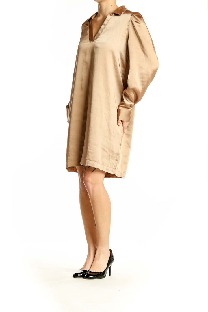 Front view of Rachel Zoe champagne satin V-neck shift dress