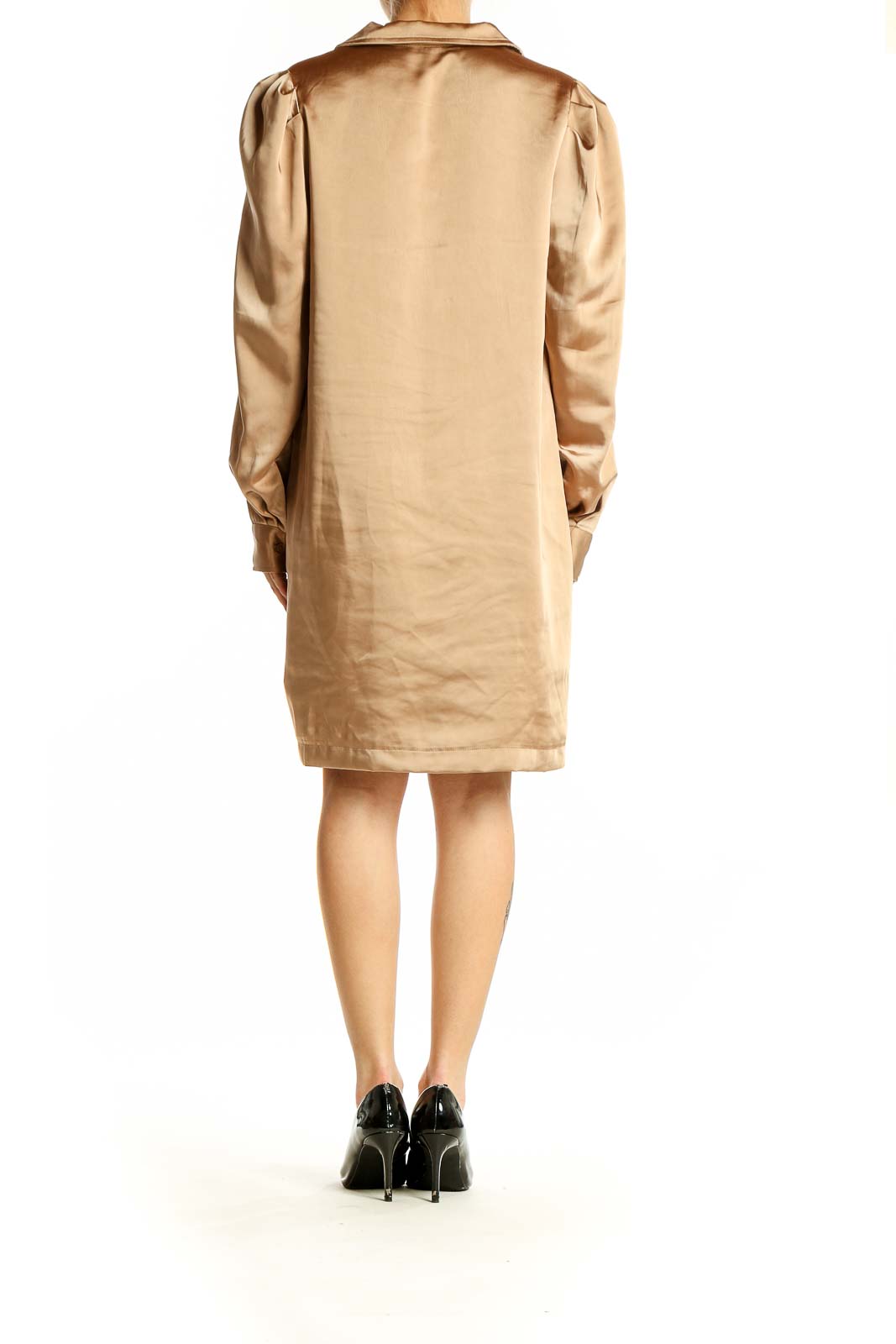 Side view of Rachel Zoe champagne satin V-neck shift dress