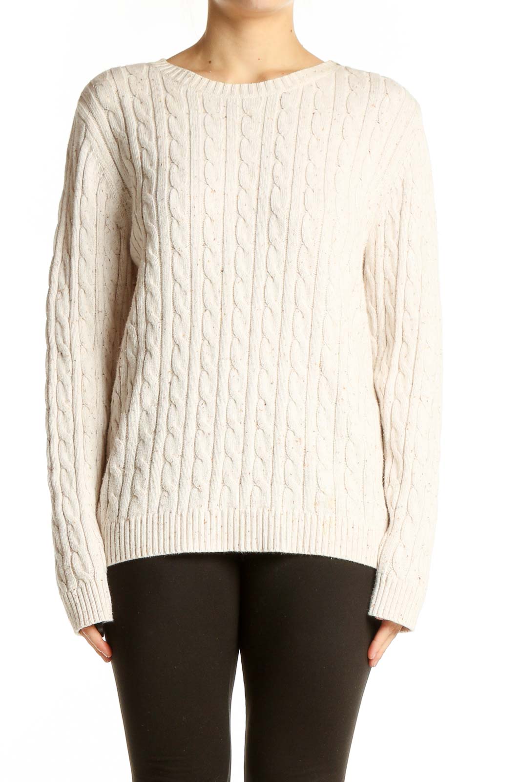Front view of Croft & Barrow cream cable knit sweater on model