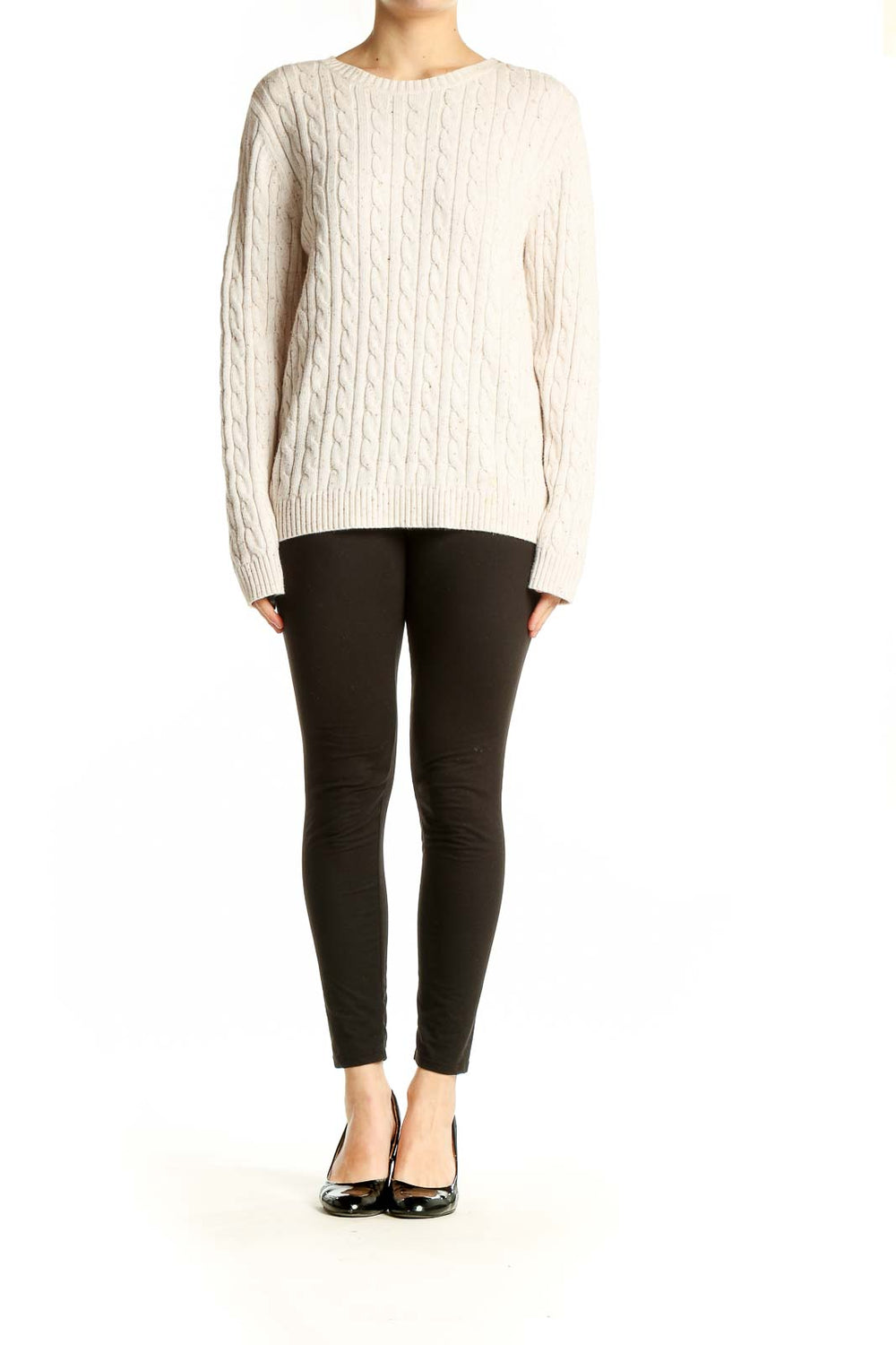 Front view of Croft & Barrow cream cable knit sweater on model