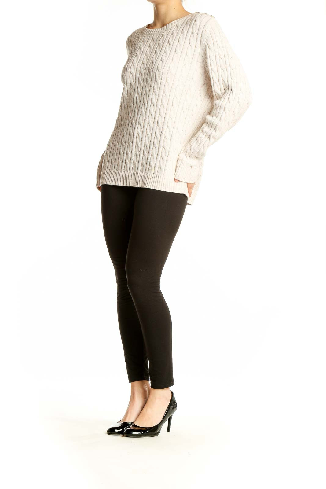 Front view of Croft & Barrow cream cable knit sweater on model