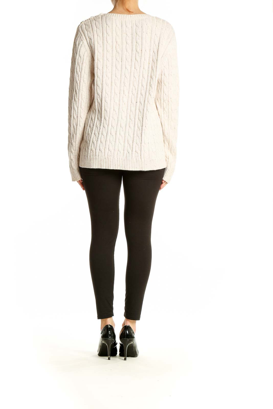Full body view of model wearing Croft & Barrow cream cable knit sweater with black pants