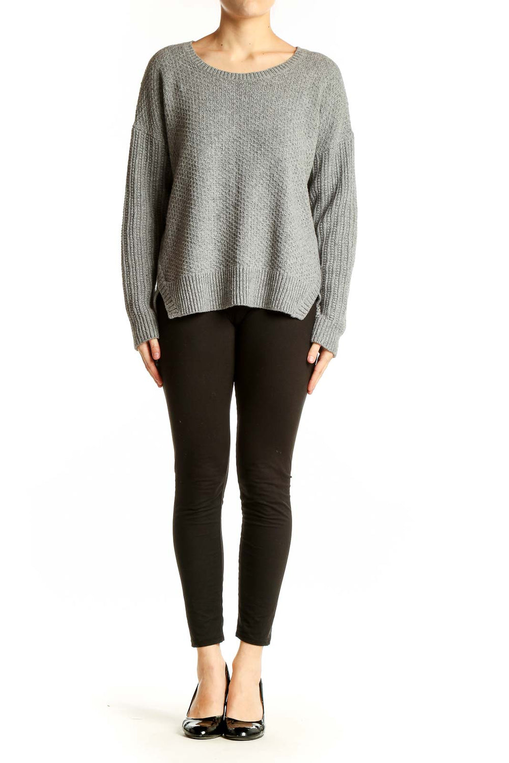 Front view of Madewell gray textured knit sweater on model