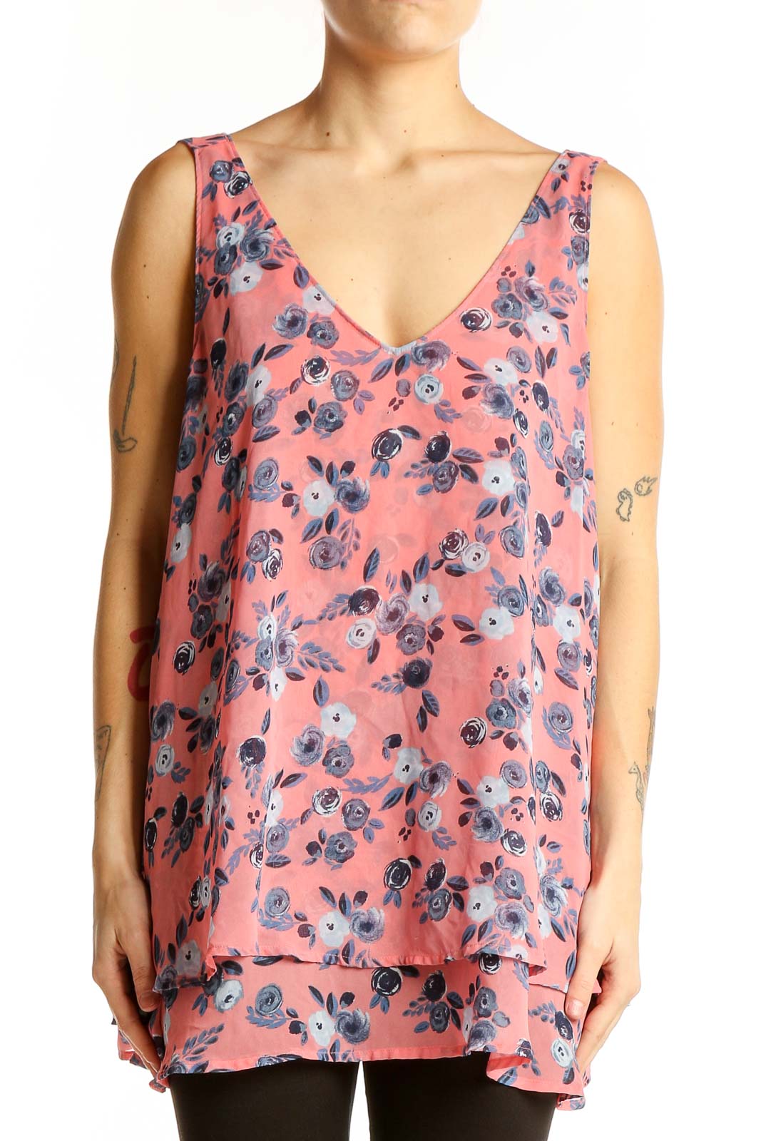 Front view of Lane Bryant pink floral layered tank top