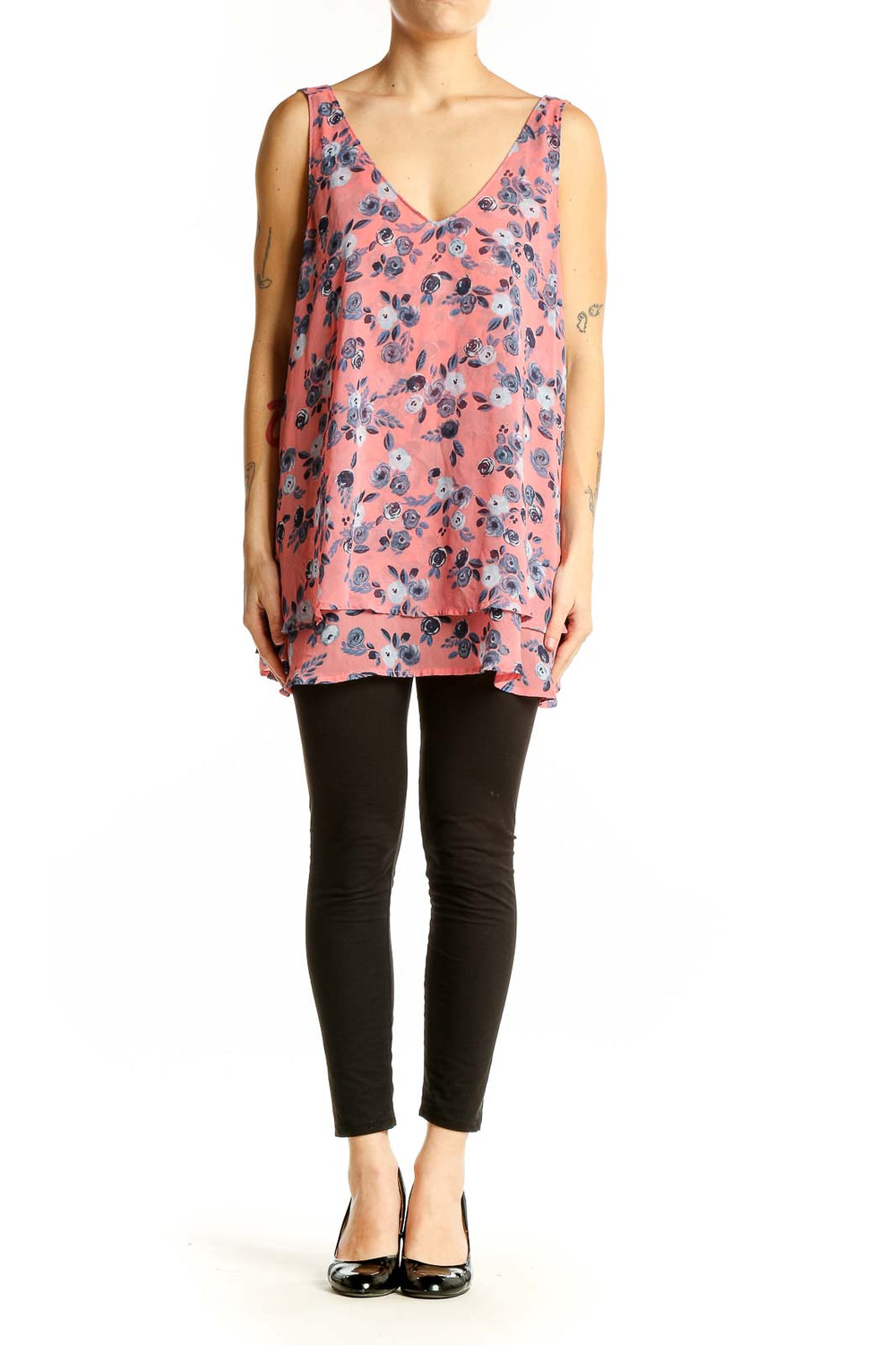 Front view of Lane Bryant pink floral layered tank top