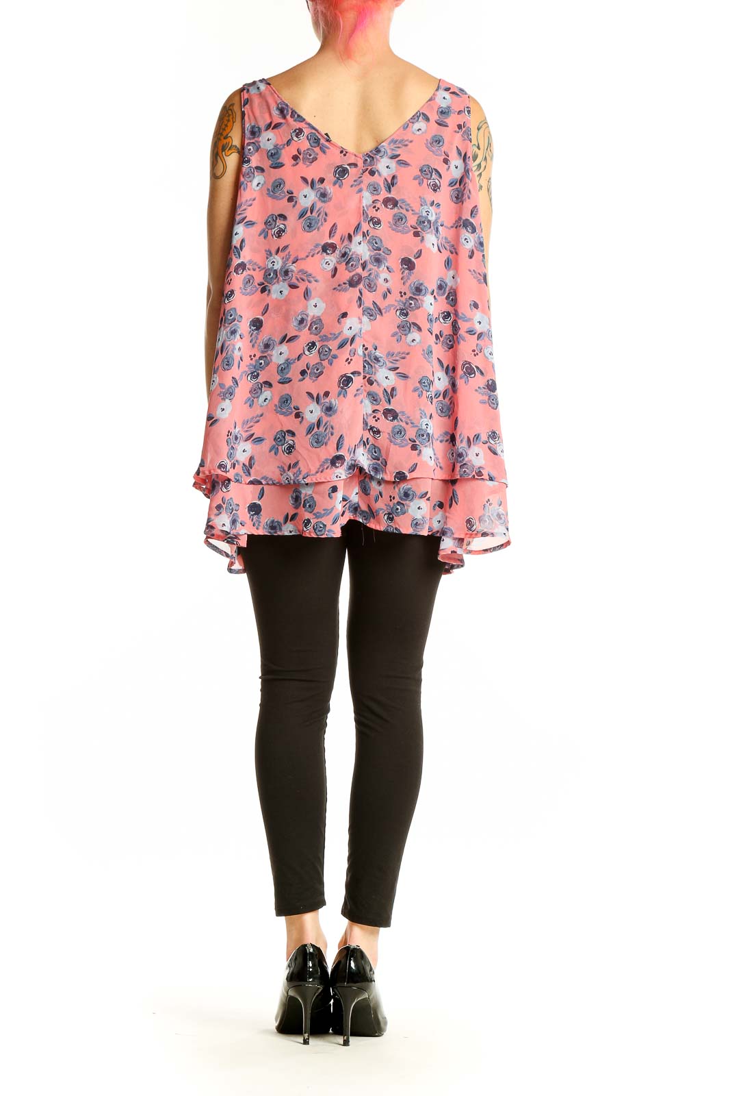 Side view of Lane Bryant pink floral layered tank top on model