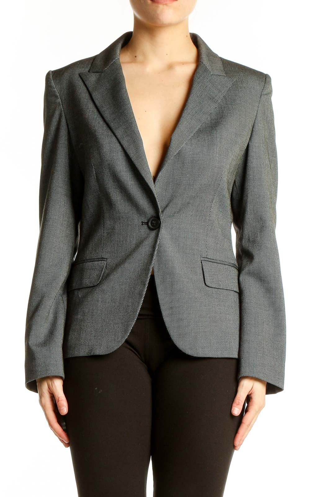 Front view of gray Express single-button blazer on model