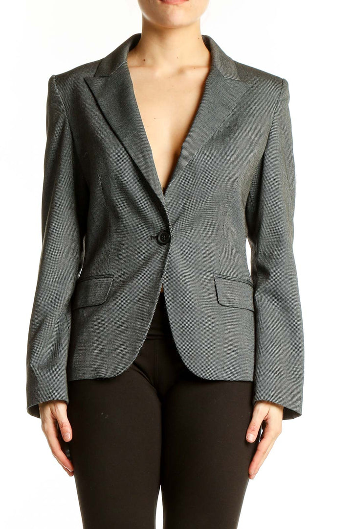 Front view of gray Express single-button blazer on model