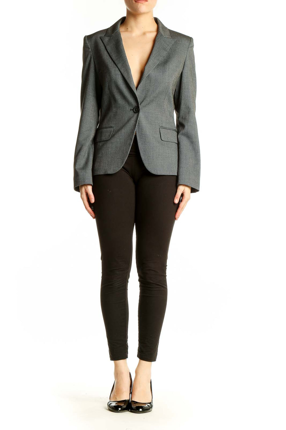 Front view of gray Express single-button blazer on model