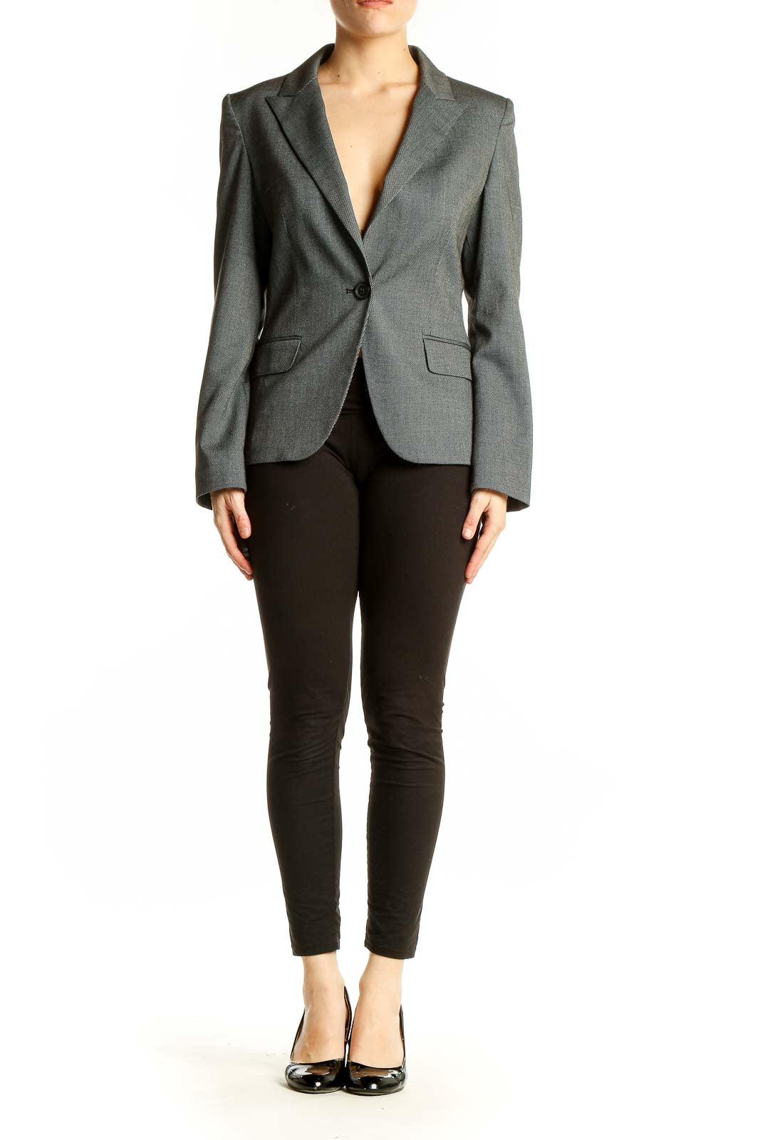 Front view of gray Express single-button blazer on model