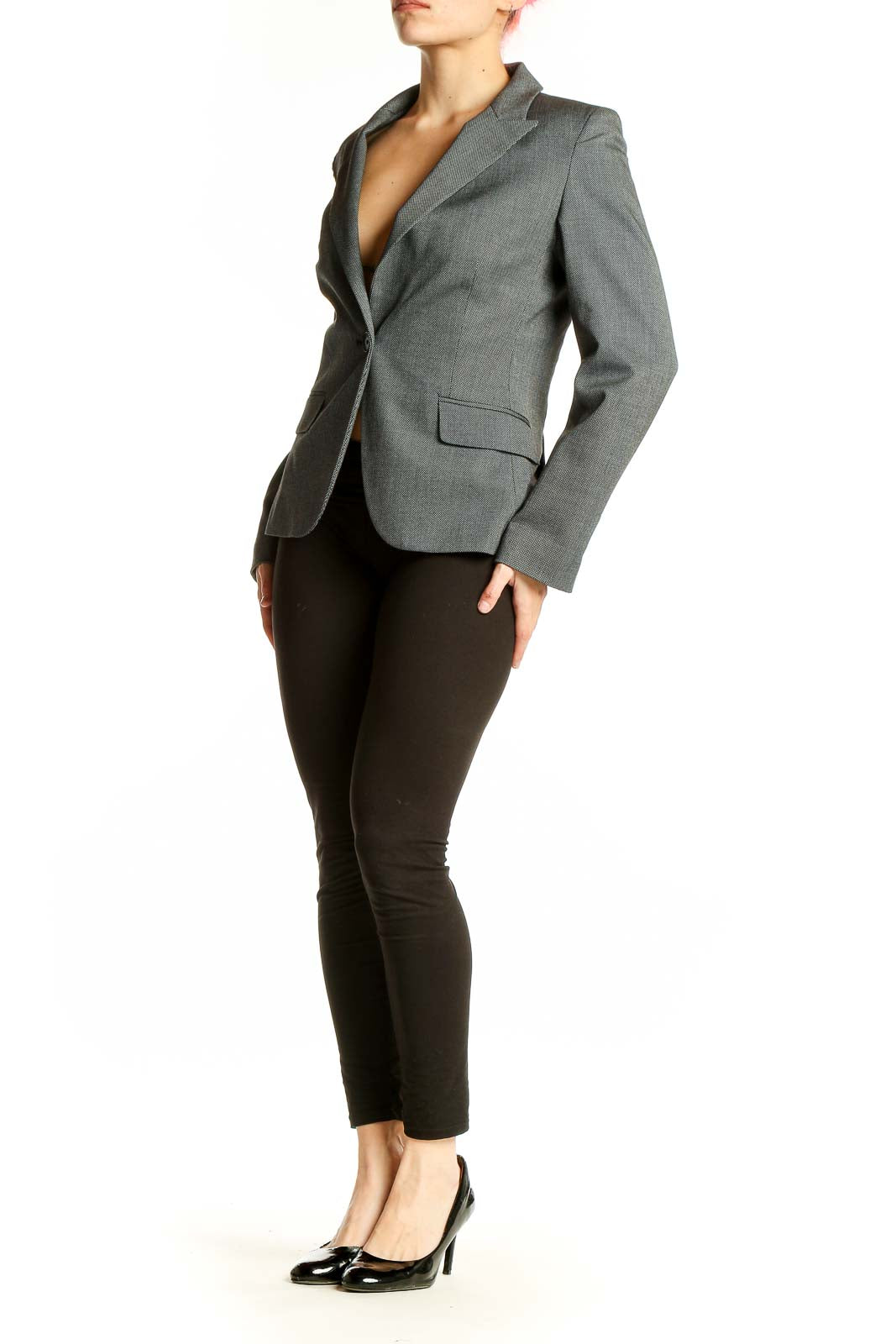 Front view of gray Express single-button blazer on model