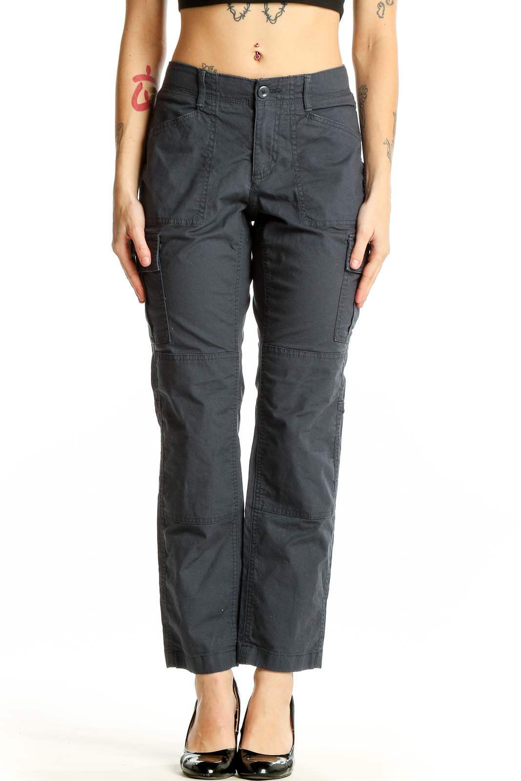 Front view of L.L.Bean gray cargo pants with straight-leg design