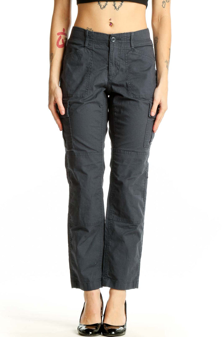 Front view of L.L.Bean gray cargo pants with straight-leg design