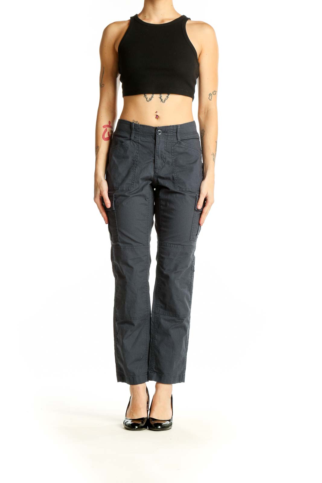Front view of L.L.Bean gray cargo pants with straight-leg design