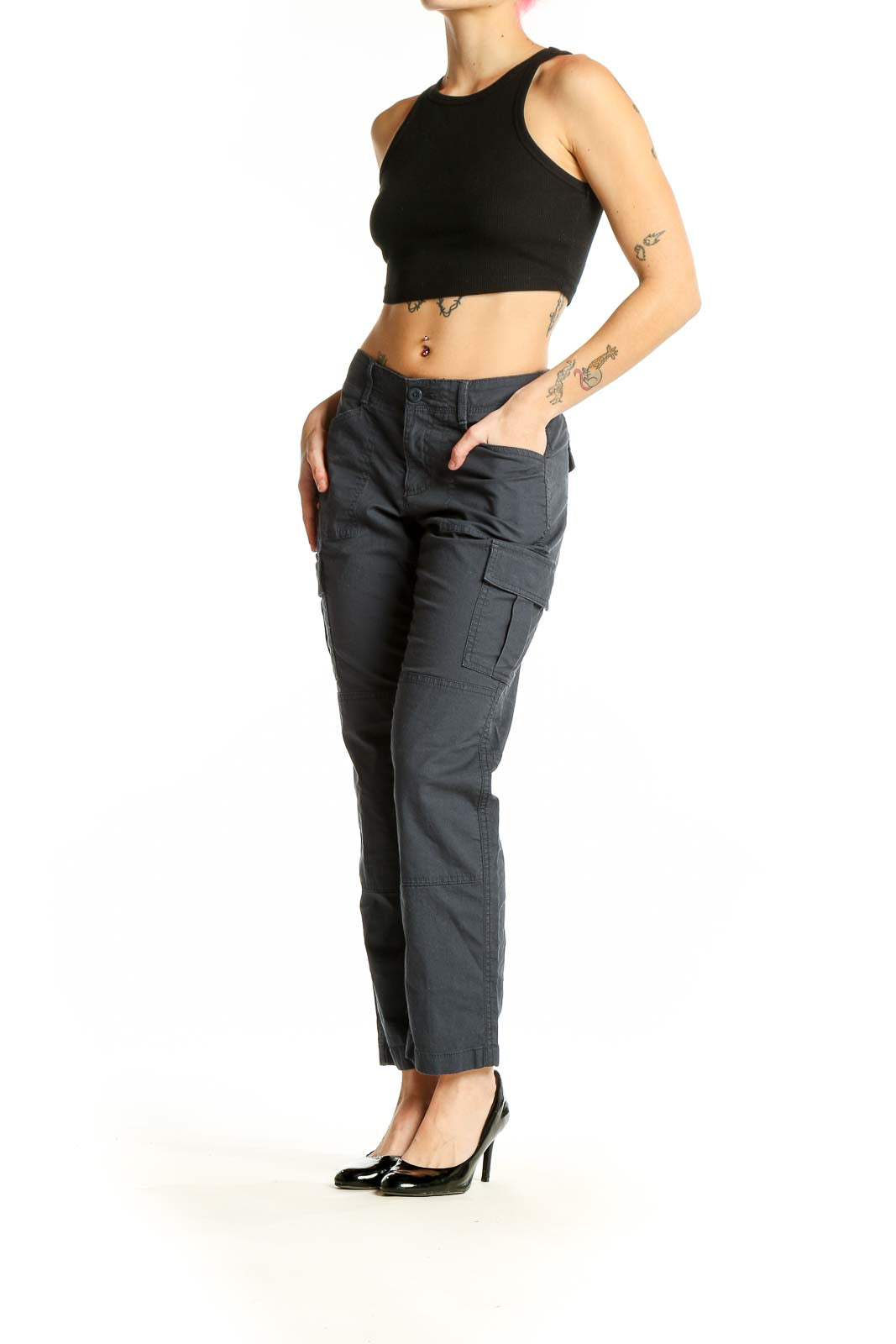 Front view of L.L.Bean gray cargo pants with straight-leg design