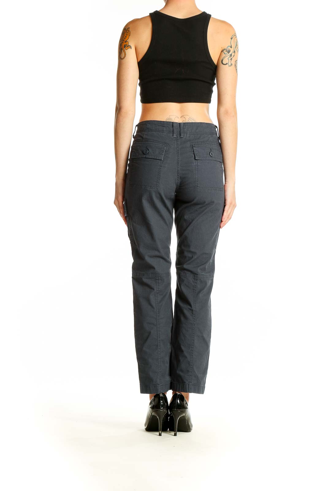 Side view of woman wearing L.L.Bean gray cargo pants with black top