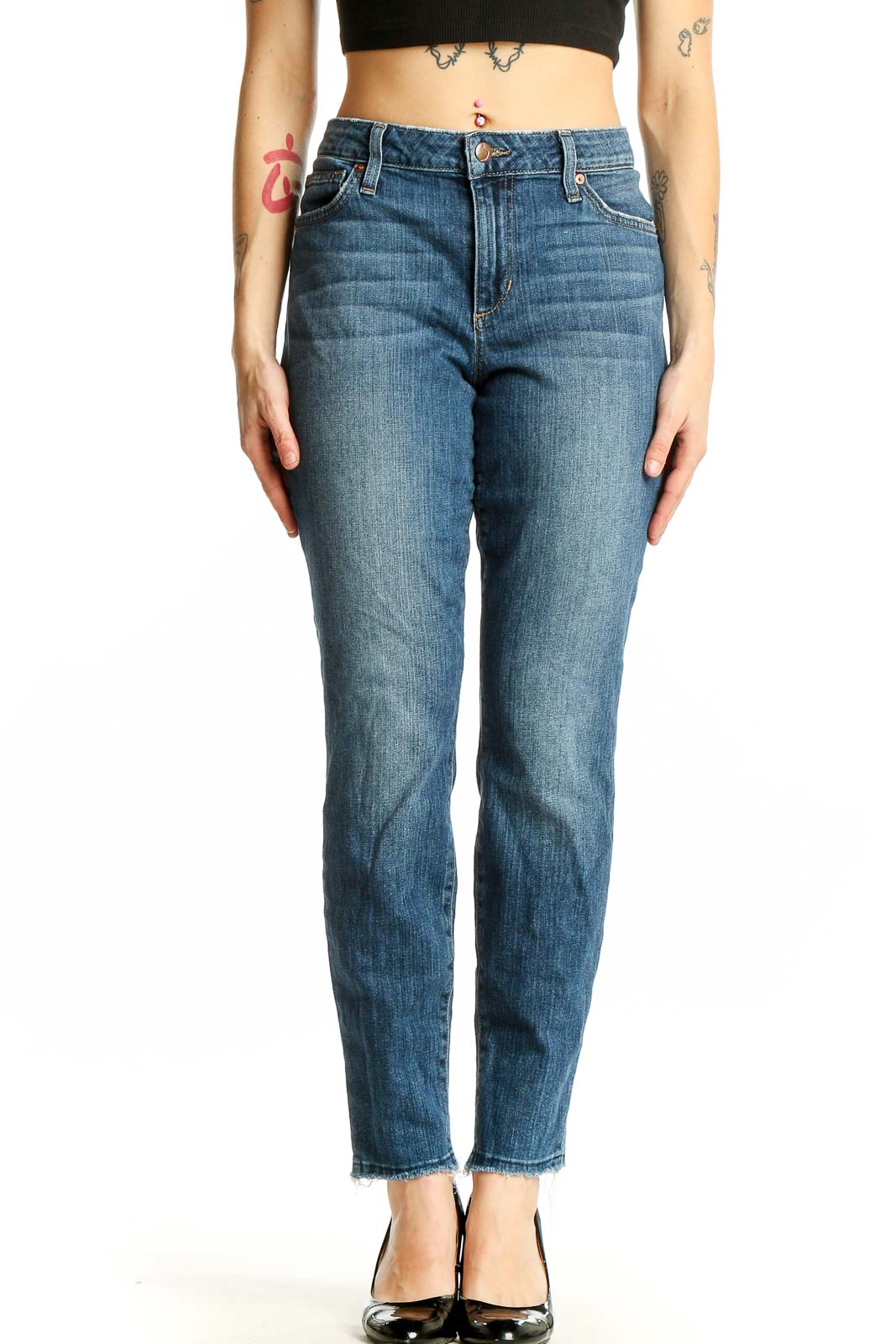 Front view of Joe's classic straight leg jeans in medium wash blue
