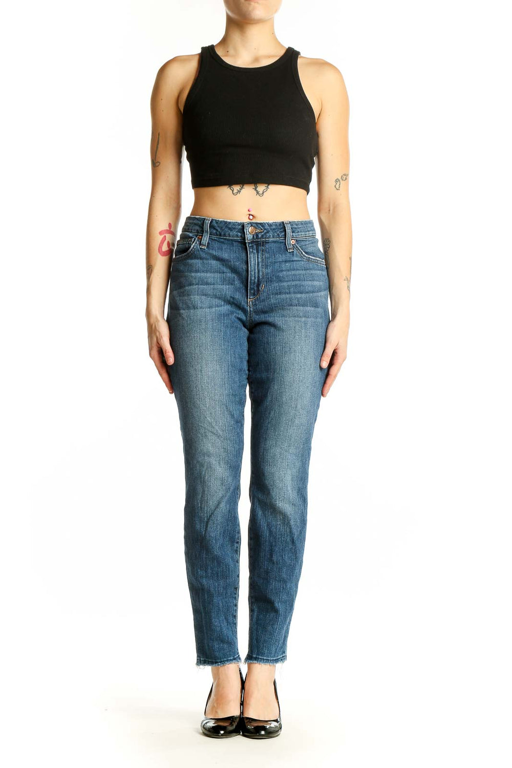 Front view of Joe's classic straight leg jeans in medium wash blue