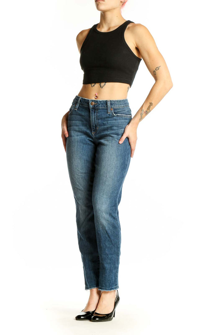 Front view of Joe's classic straight leg jeans in medium wash blue