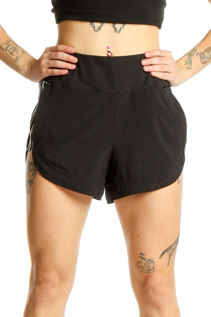 Front view of black Athleta high-waisted athletic shorts