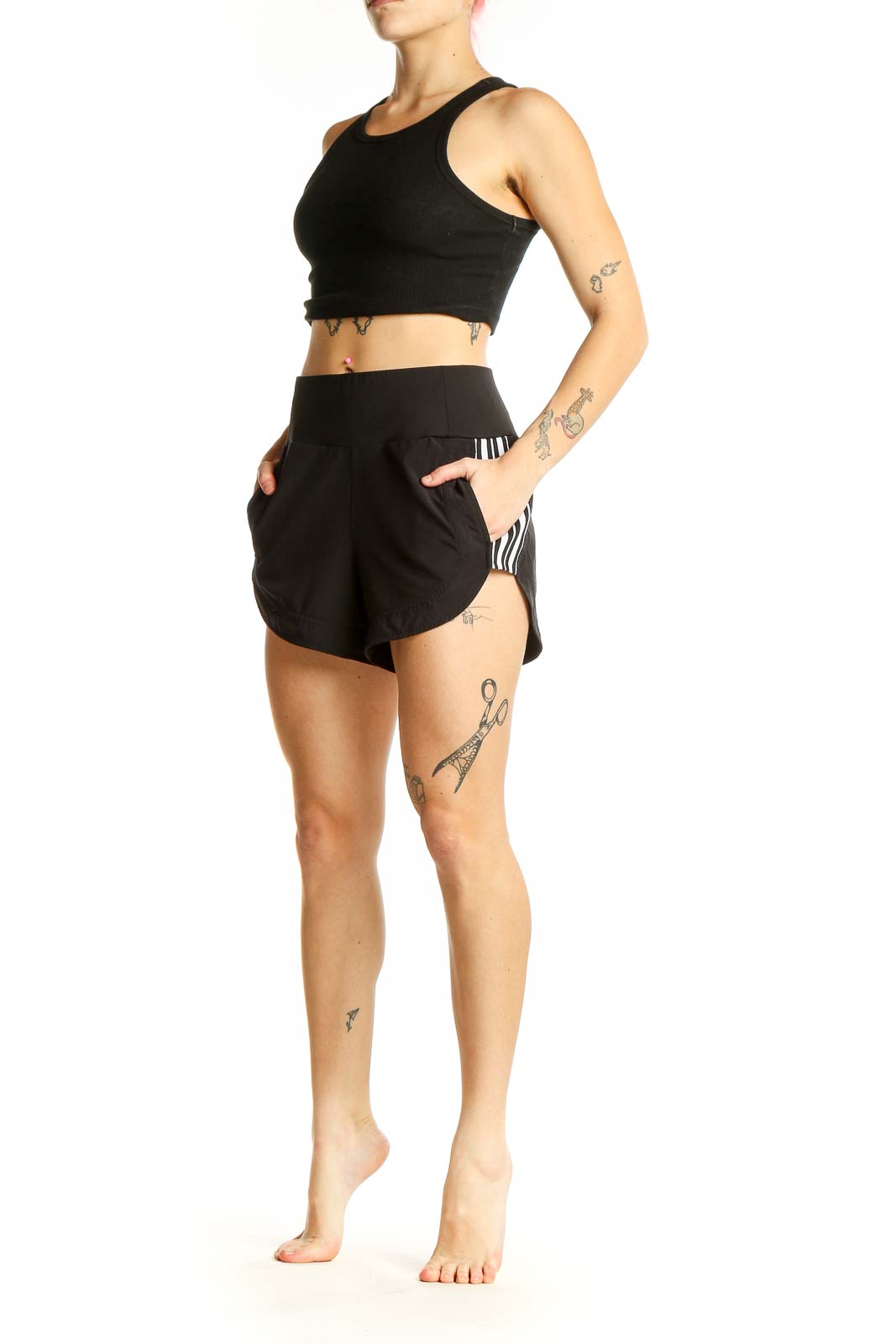 Front view of black Athleta high-waisted athletic shorts