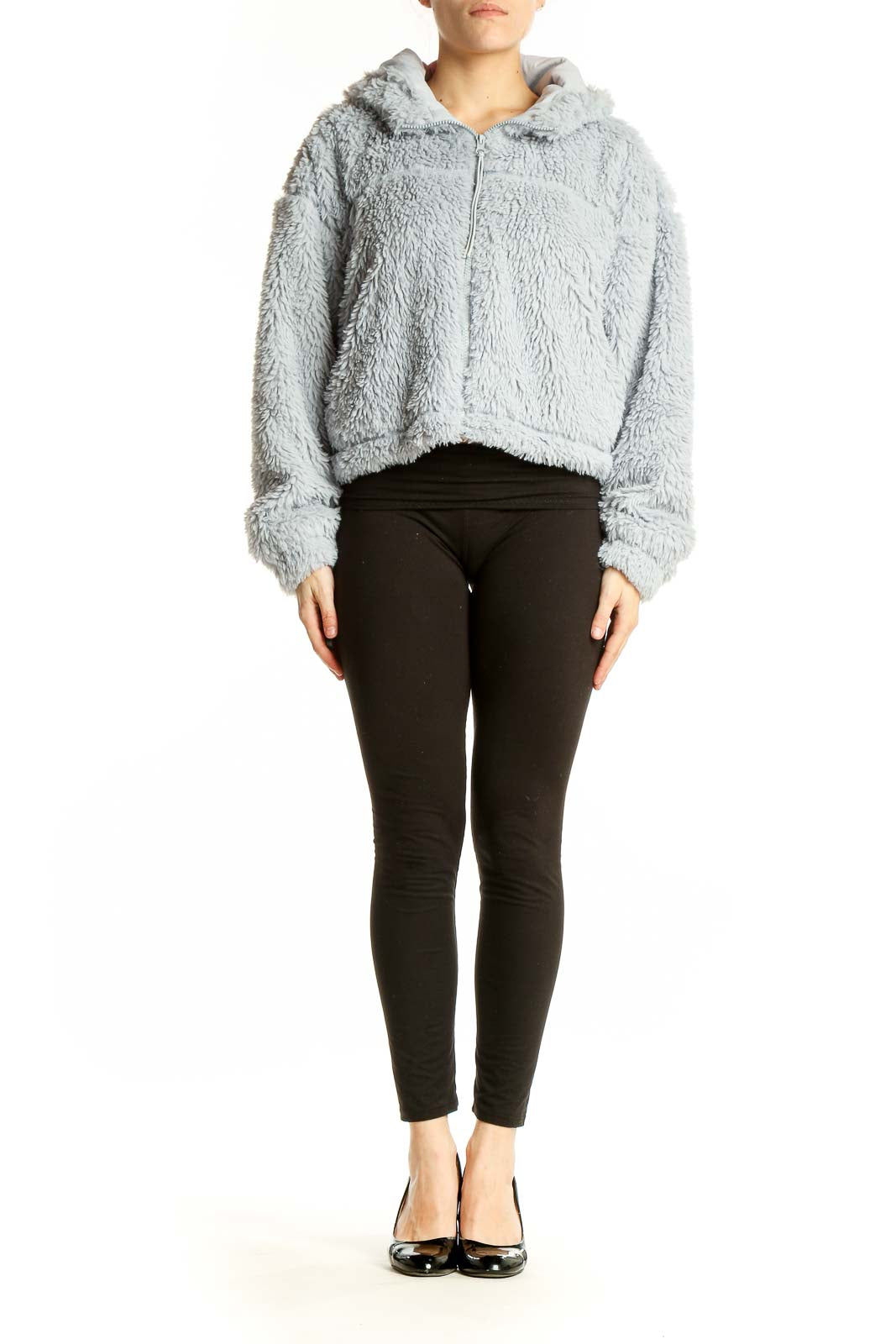 Front view of gray fluffy cropped zip-up hoodie from BDG