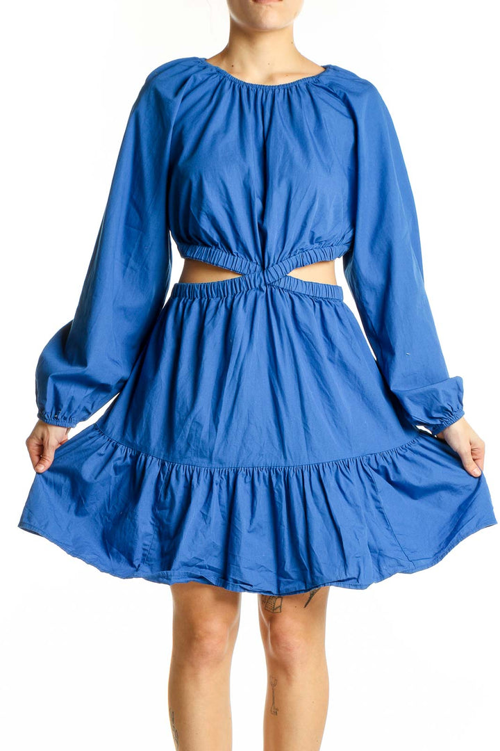 Front view of Gap blue cotton midi dress with cut-out waist and balloon sleeves