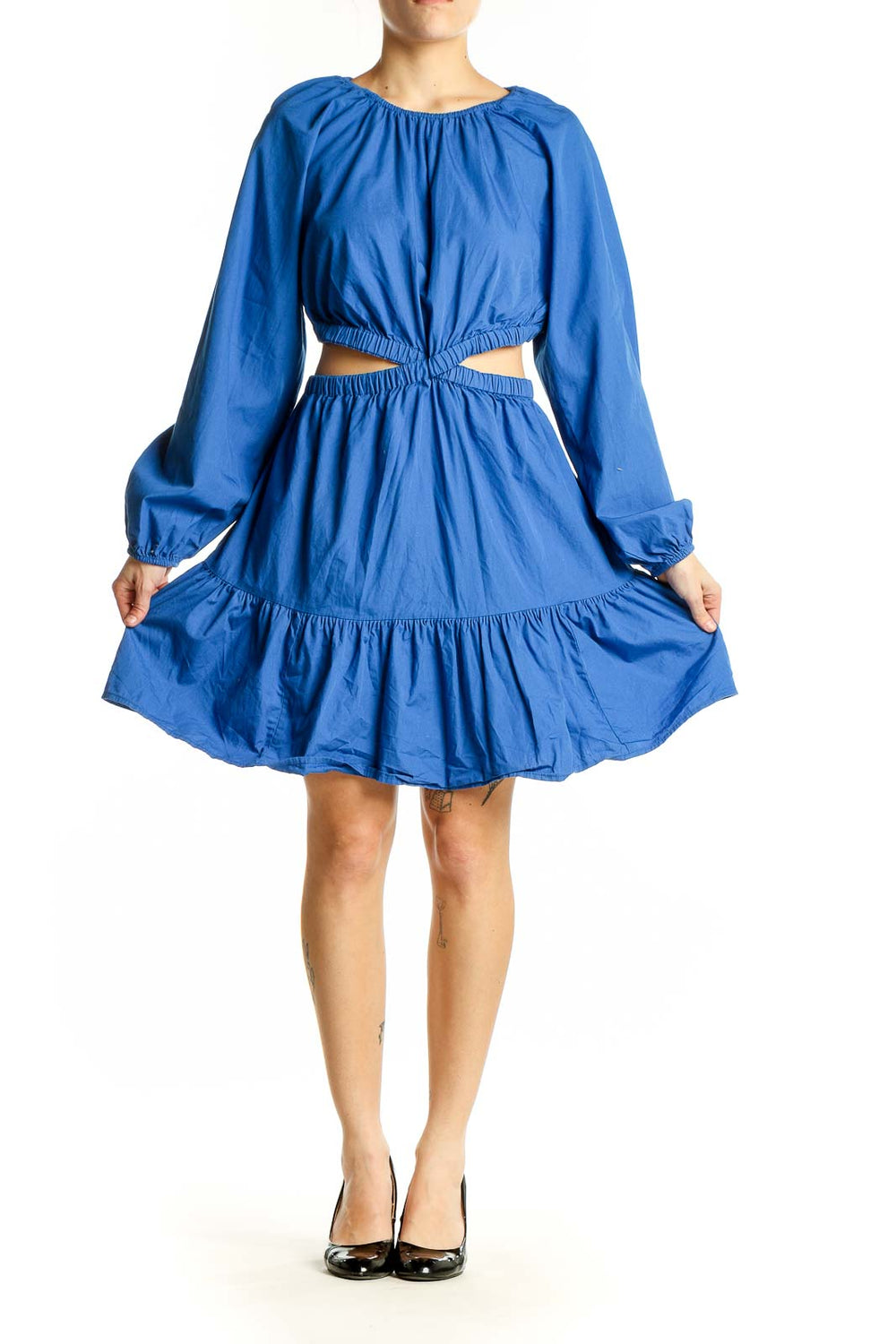 Front view of Gap blue cotton midi dress with cut-out waist and balloon sleeves