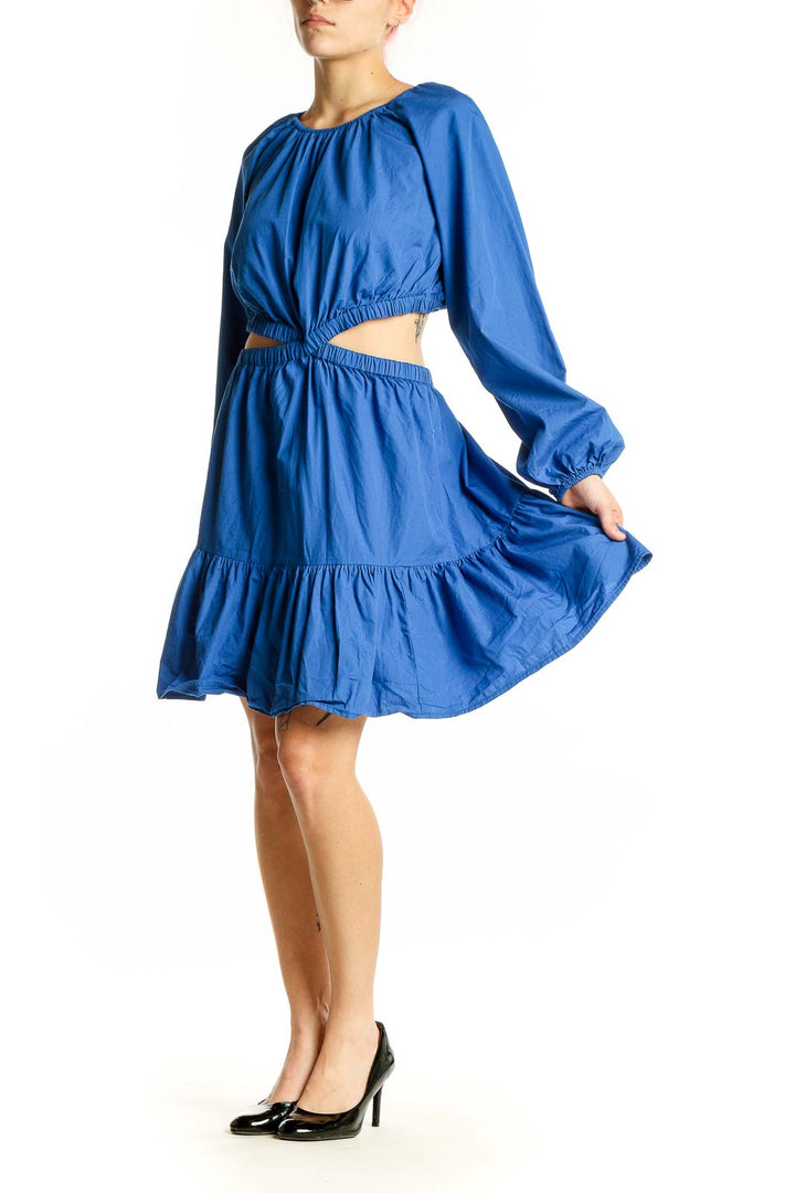 Front view of Gap blue cotton midi dress with cut-out waist and balloon sleeves