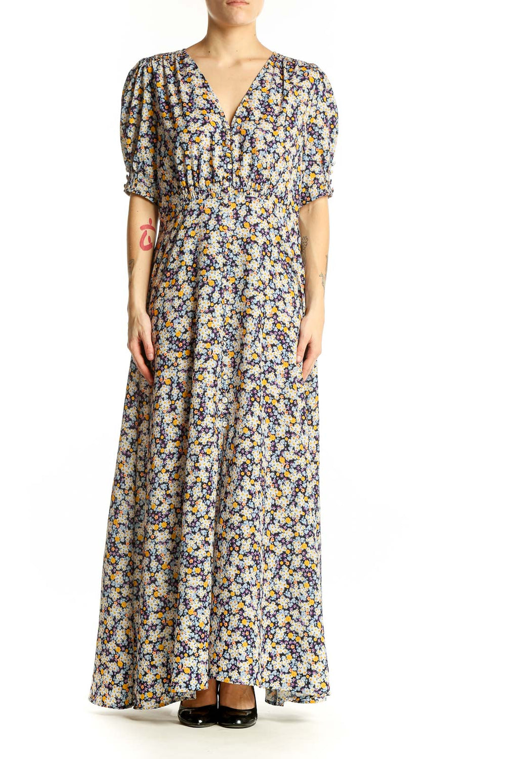 Front view of ROAM blue floral maxi dress with V-neck and puff sleeves