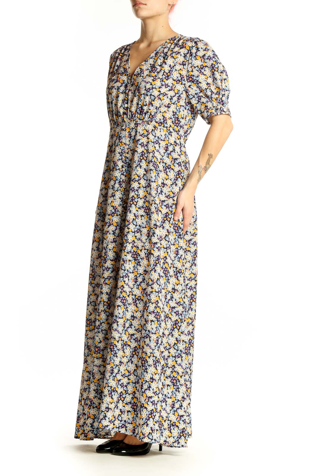 Front view of ROAM blue floral maxi dress with V-neck and puff sleeves