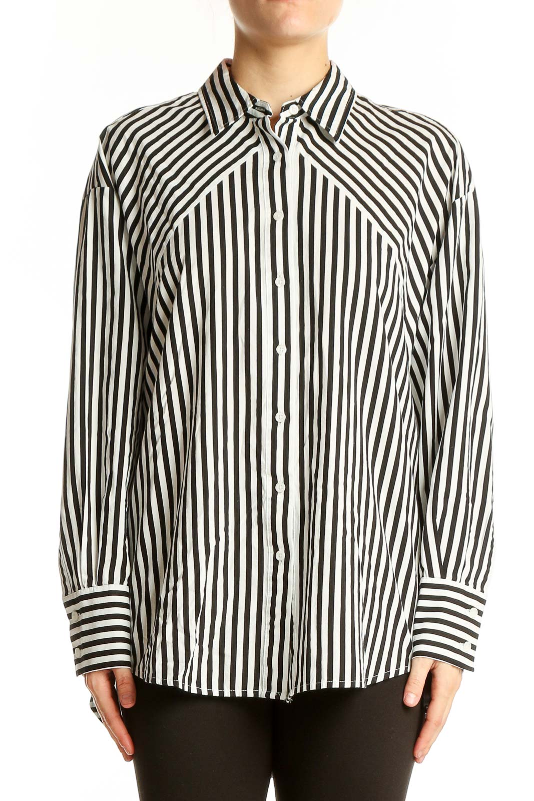 Front view of Nine West Black and White Striped Button-Up Shirt
