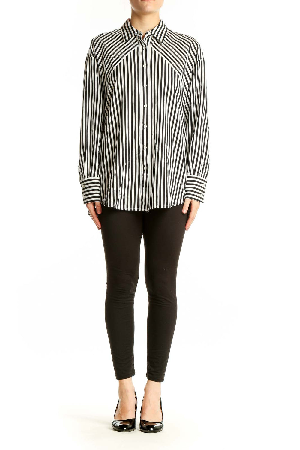 Front view of Nine West Black and White Striped Button-Up Shirt