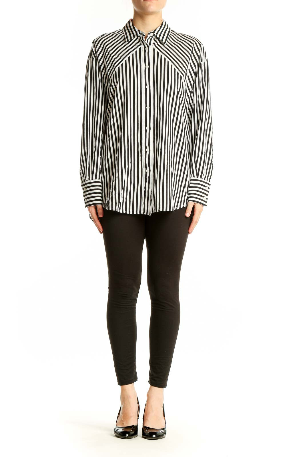 Front view of Nine West Black and White Striped Button-Up Shirt