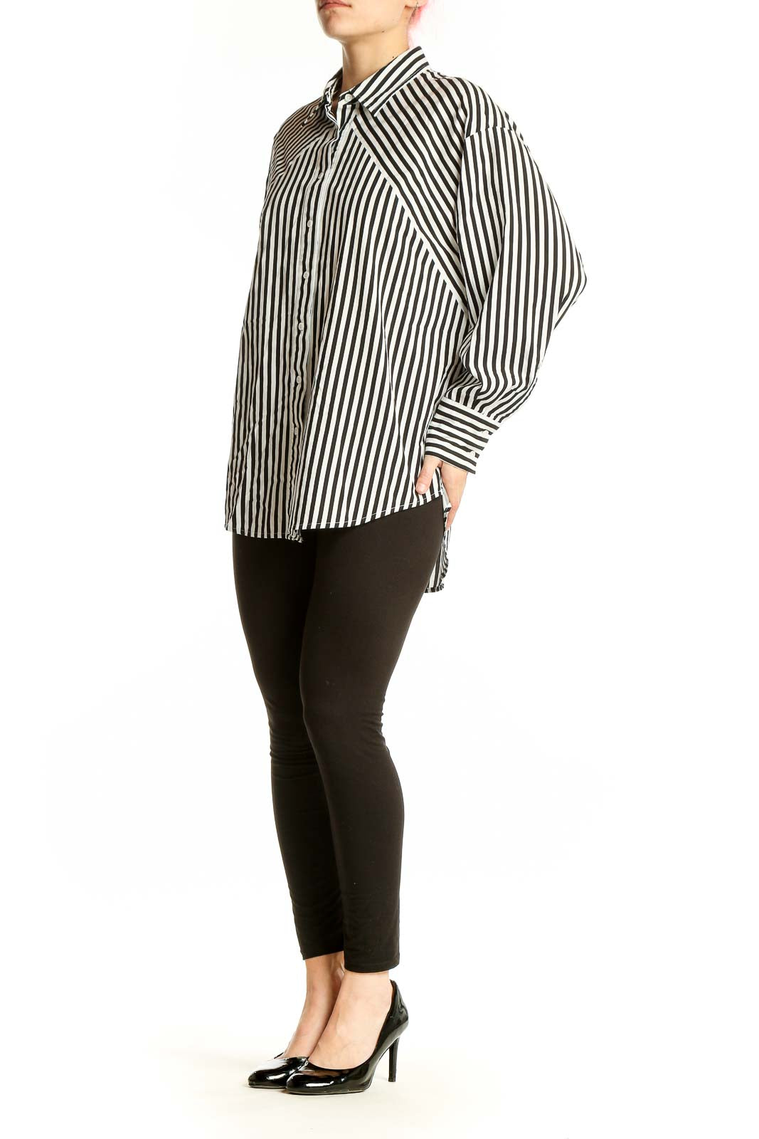 Front view of Nine West Black and White Striped Button-Up Shirt