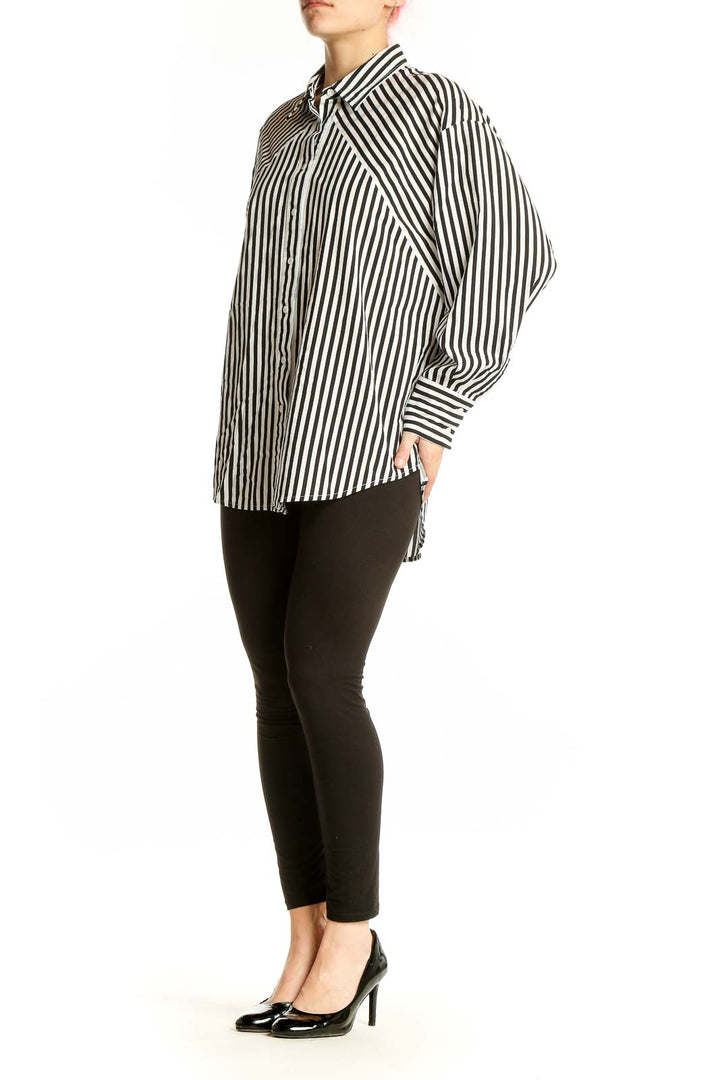 Front view of Nine West Black and White Striped Button-Up Shirt