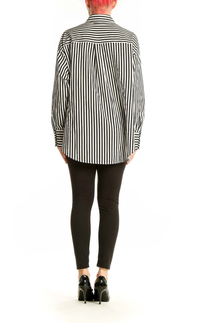 Side view of Nine West Black and White Striped Button-Up Shirt on model