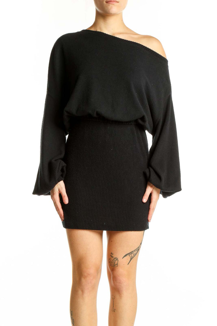 Front view of black off-shoulder mini dress with blouson top and ribbed skirt