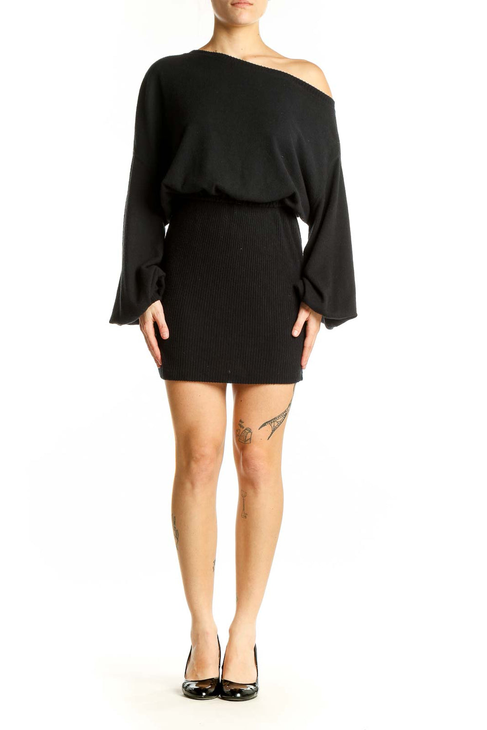 Front view of black off-shoulder mini dress with blouson top and ribbed skirt