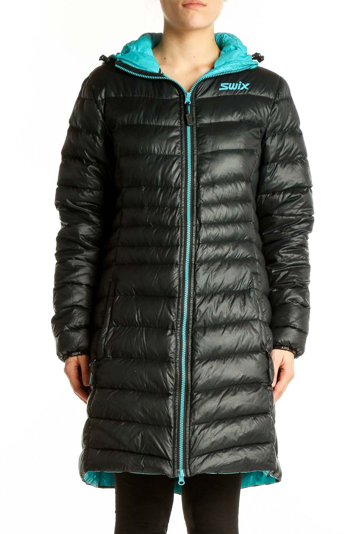 Front view of black Swix long puffer jacket with turquoise zipper