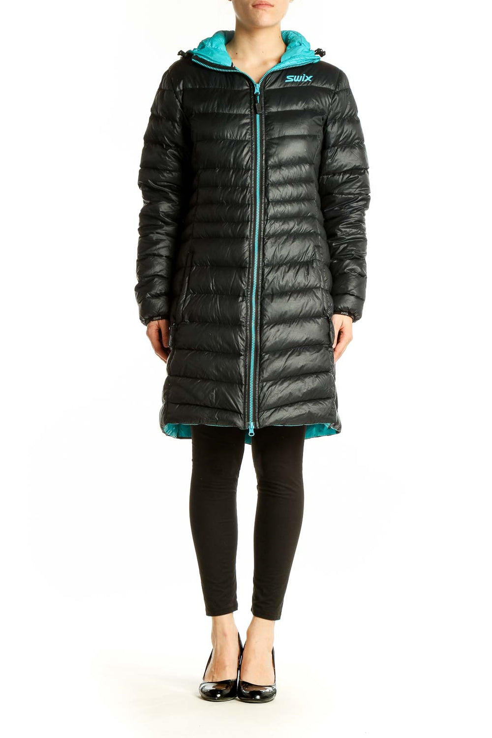 Front view of black Swix long puffer jacket with turquoise zipper