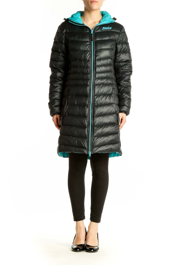 Front view of black Swix long puffer jacket with turquoise zipper